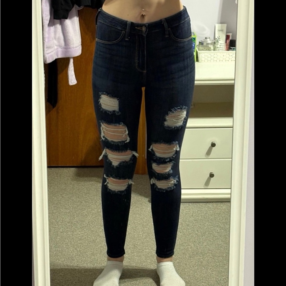 Hollister High-Rise Dark Wash Ripped Skinny Jeans